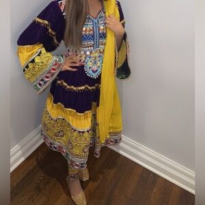 Vibrant Multicolor Embroidered Dress with Yellow Scarf